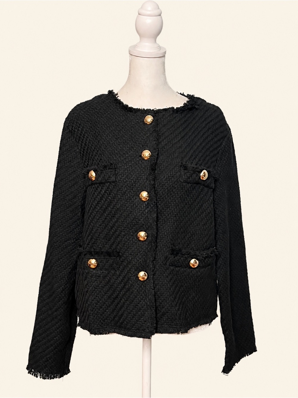 Cliché Soft, Black, Cropped, Tweed Lady Jacket | Gold High-Shine Buttons | Med